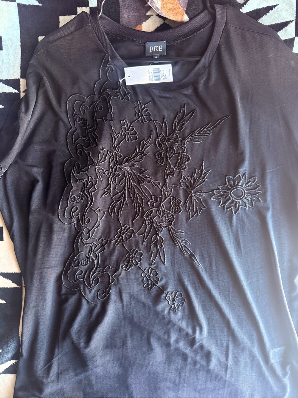 BKE Black Short-Sleeve Top with Tonal Floral Embroidery
